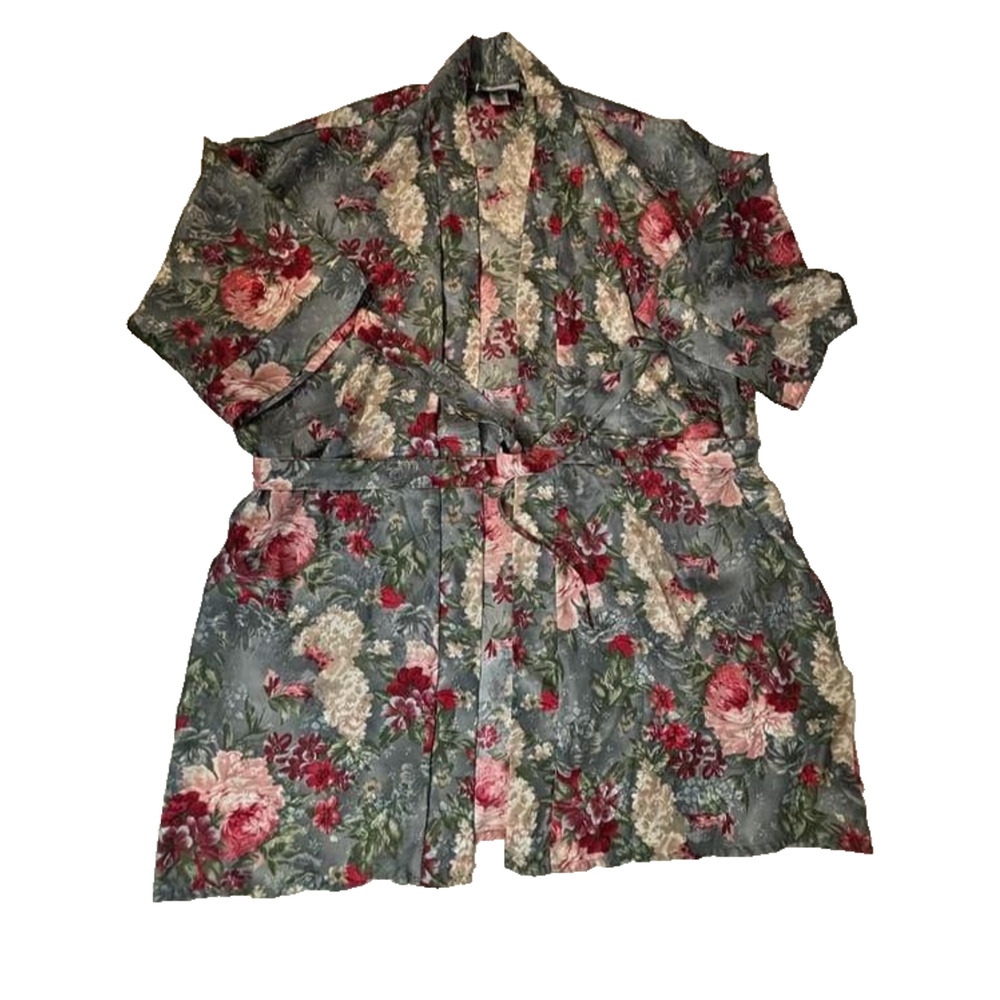 2PC SET~VTG KRISTINE TYLER NEW YORK Flowers Gray Satin Short CHEMISE & ROBE 2X